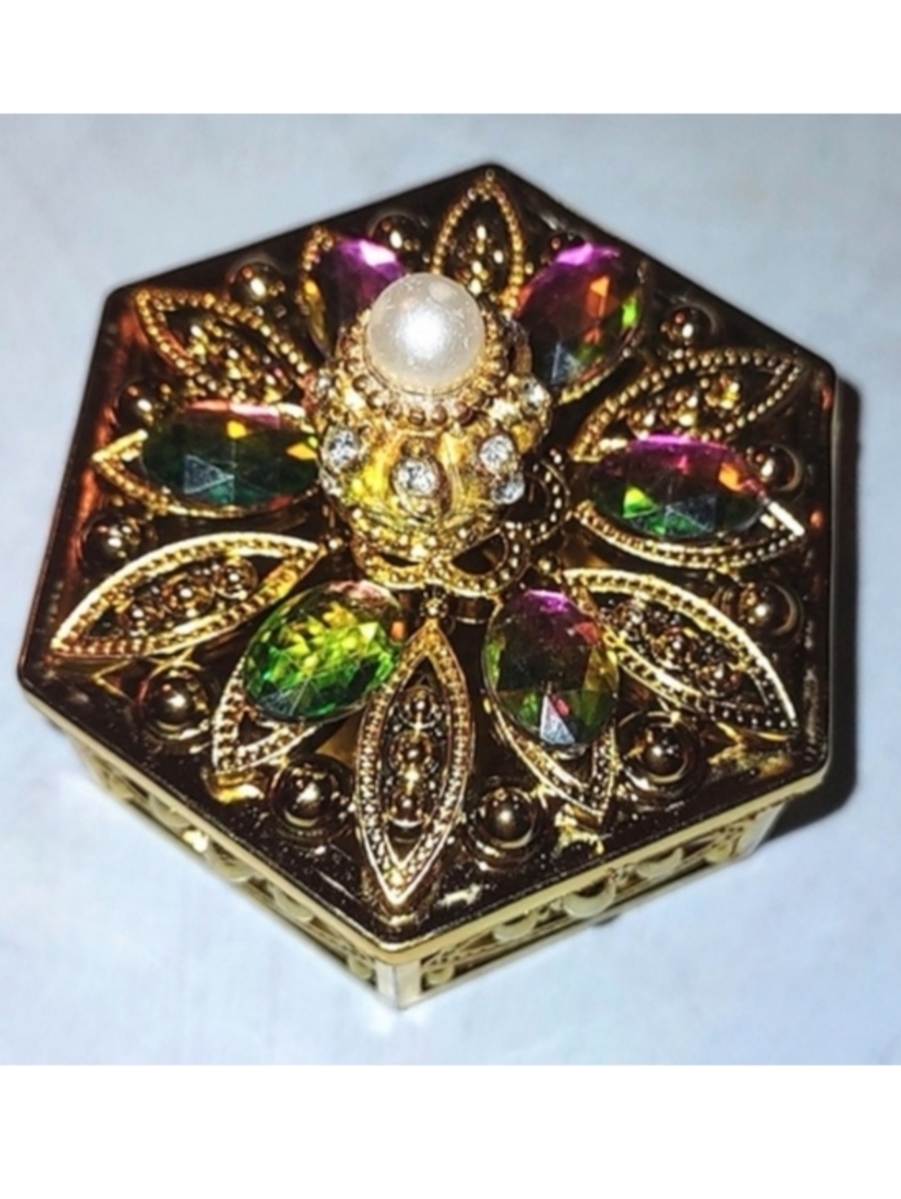 Hexagon Shape Storage Trinket Box Case w/ Crown Jewels